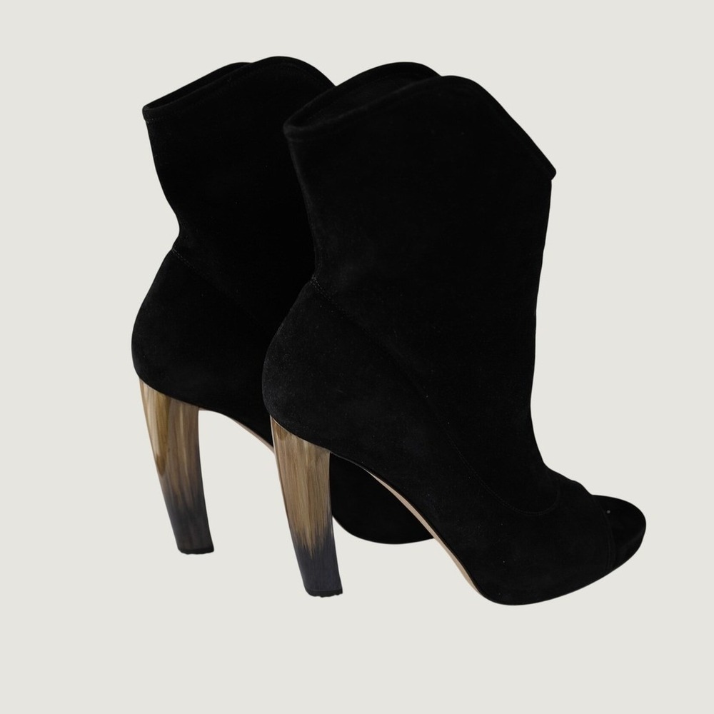 Jimmy‎ Choo Black Suede Peep Toe Ankle Boots Horn Effect Block Heel 36.5 Italy